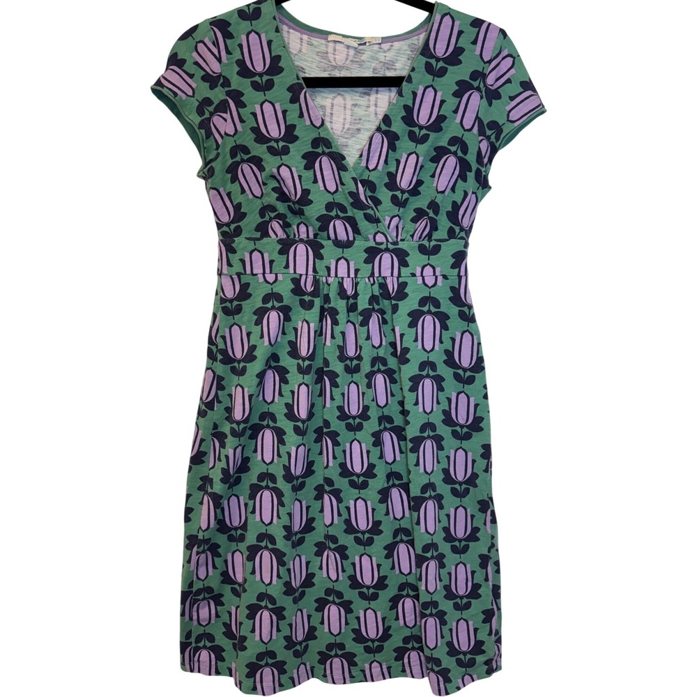 Boden Womens Green Tulip Print Wrap Style Short Sleeve Dress US 4P